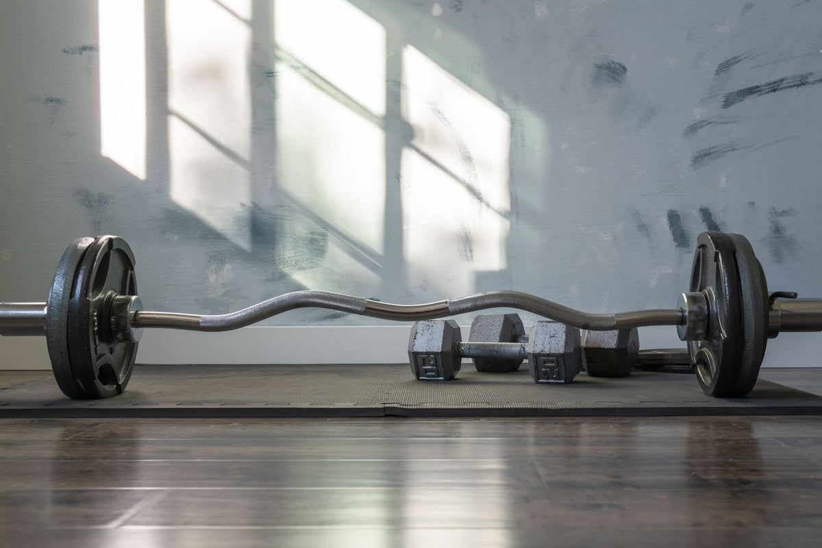 Strength training equipment in a gym