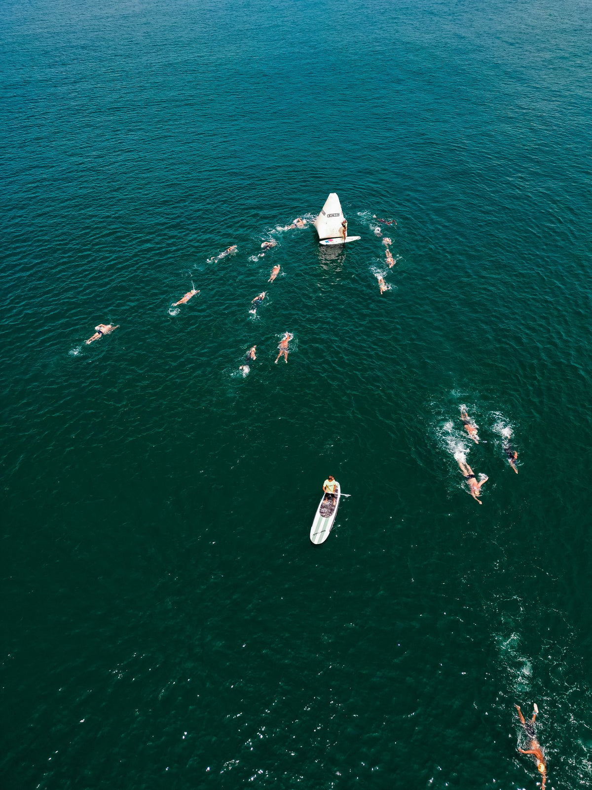 Open-water swimmers with a kayak nearby viewed from above