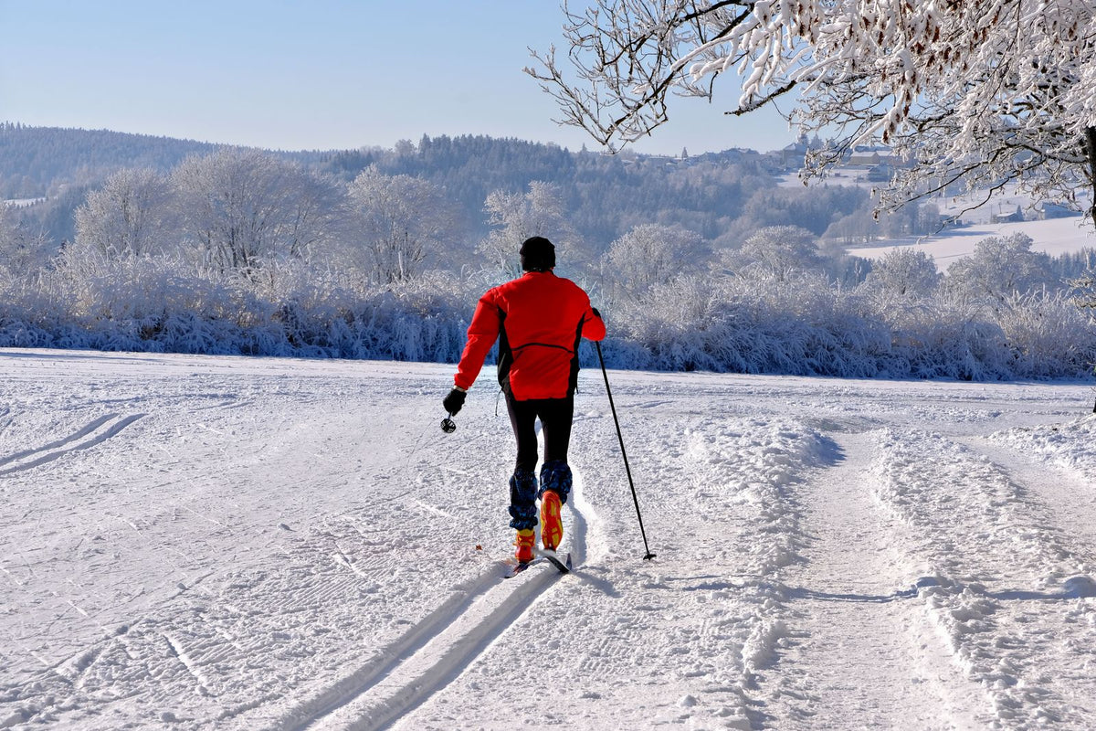 Cross-country skier travelling along a snowy trail