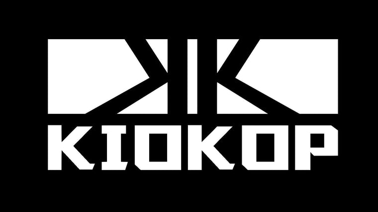 A black square graphic with a bold white stylized logo above the word 'KIOKOP' in large white block letters.
